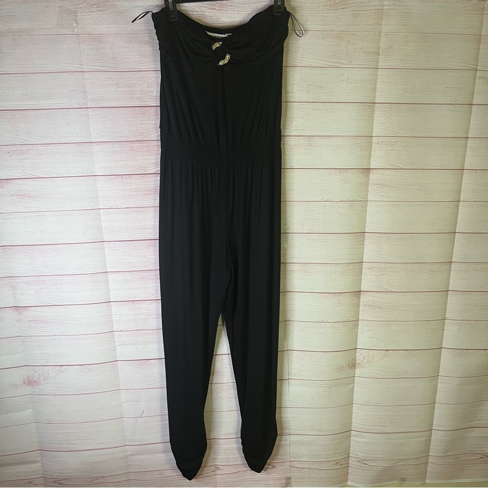 Trina Turk Black Sleeveless Gold Embellished Jersey Knit Ruched Leg Jumpsuit 10